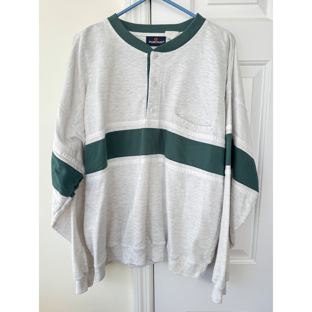 Puritan Light Gray Henley Sweatshirt with Forest Green Stripe